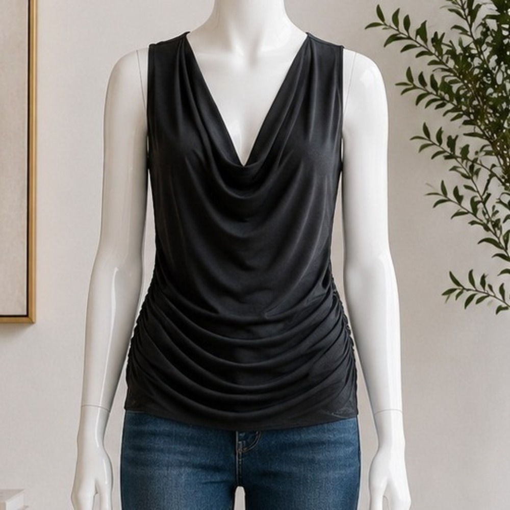 Leith Womens Blouse Cowl Neck Ruched Mesh Sleeveless Dark Gray Large